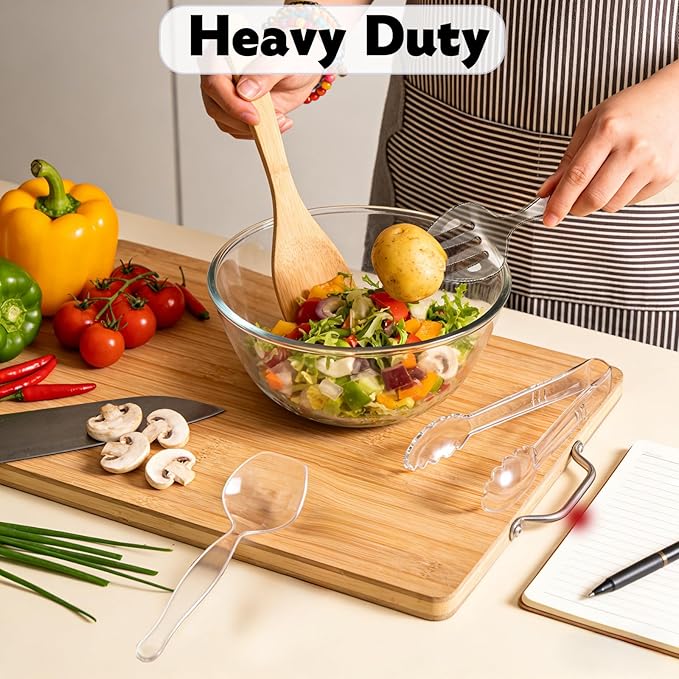 24 Pcs Large Plastic Serving Utensils Set - Serving Tongs, Serving Forks, Serving Spoons - Heavy Duty Disposable Serving Utensils for Parties, Buffet, Catering Supplies (Clear, 24 Pcs)