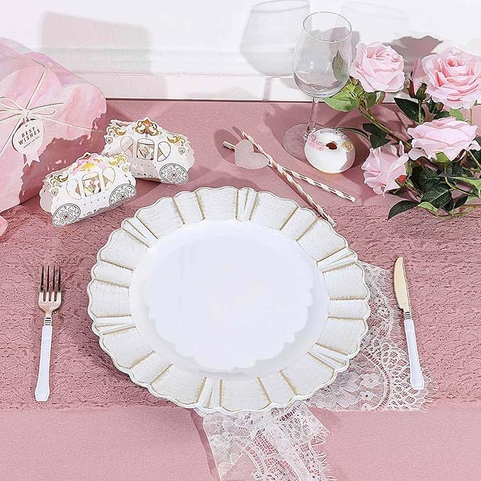Efavormart 13" Charger Plates - Set of 12 - White Round Acrylic Disposable Charger Plates with Gold-Brushed Wavy Scalloped Rim, Ideal for Wedding Dinner Party Bulk Events Tabletop Decor