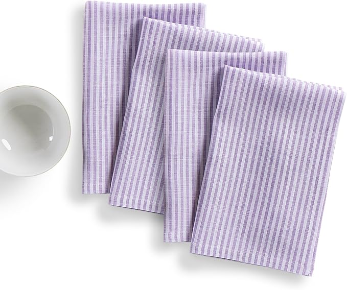 Solino Home Linen Cloth Napkins Set of 4-100% Pure Linen Lavender and White Striped Dinner Napkins 20 x 20 Inch for Christmas, New Year - Narrow Stripe, Handcrafted and Machine Washable