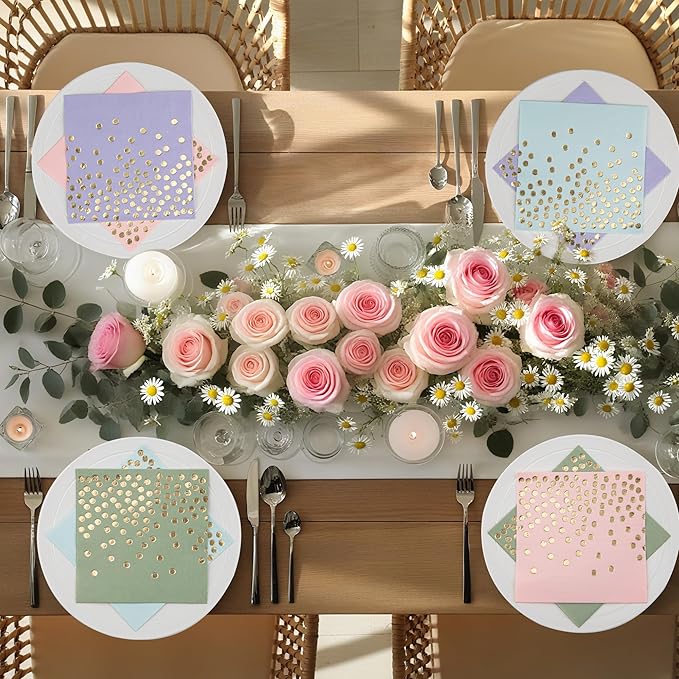 80 Pack of Paper Cocktail Napkins with Gold Foil Polka Dot Confetti，Polka Dot Party Supplies(5 x 5 in，2-ply) (80, pink green blue purple)