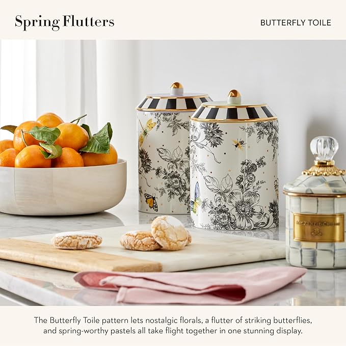 MACKENZIE-CHILDS Creamer and Sugar-Bowl Set, Cream Dispenser and Sugar Holder, Unique Kitchen Decor, Butterfly Toile