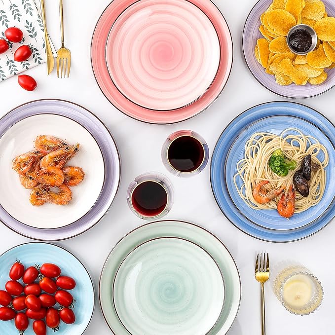 KitchenTour Ceramic Dinner Plates, 8 Inch Porcelain Serving Plate for Salad, Dessert Pizza Steak Pasta Plates Set, Dishwasher and Microwave Safe - Set of 6, Assorted Warm Colors