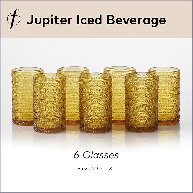 Fortessa Jupiter Beaded Hobnail Glass, 13 Ounce Iced Beverage (Set of 6), Amber