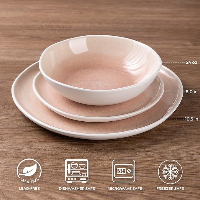 AmorArc Ceramic Dinnerware Sets,Handmade Reactive Glaze Stoneware Plates and Bowls Sets,Highly Chip and Crack Resistant | Dishwasher & Microwave Safe Dishes Set,Service for 4 (12pc)-Pink