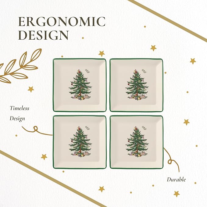 Spode Christmas Tree Tidbit Square Plates (Set of 4) - Festive 5-Inch Ceramic Plates for Canapés, Sweets, and Desserts - Dishwasher, Microwave, Freezer Safe - Excellent for Holiday Entertaining