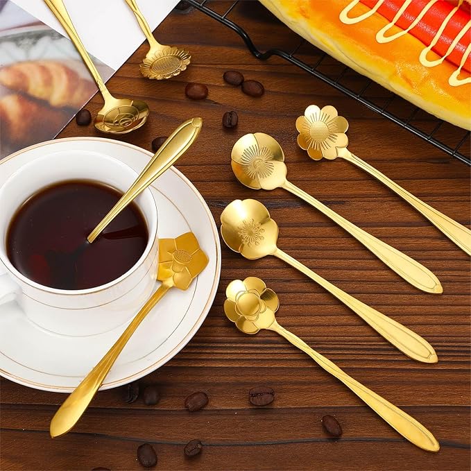 Eboot 80 Pcs Gold Flower Teaspoon Stainless Steel Tea Party Spoons Mini Cute Teaspoon Stirring Coffee Sugar Drink Demitasse Espresso Spoons for Bridal Baby Shower Wedding Party Favors Decorations