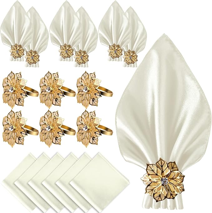 CROWN GUIDE 12 Pack Gold Napkin Rings and Cloth Napkins Set of 6, 17x17 Satin Cocktail Napkins Bulk Table Napkins Holder for Wedding Reception Personalized Napkins Bridal Shower for Party Decorative
