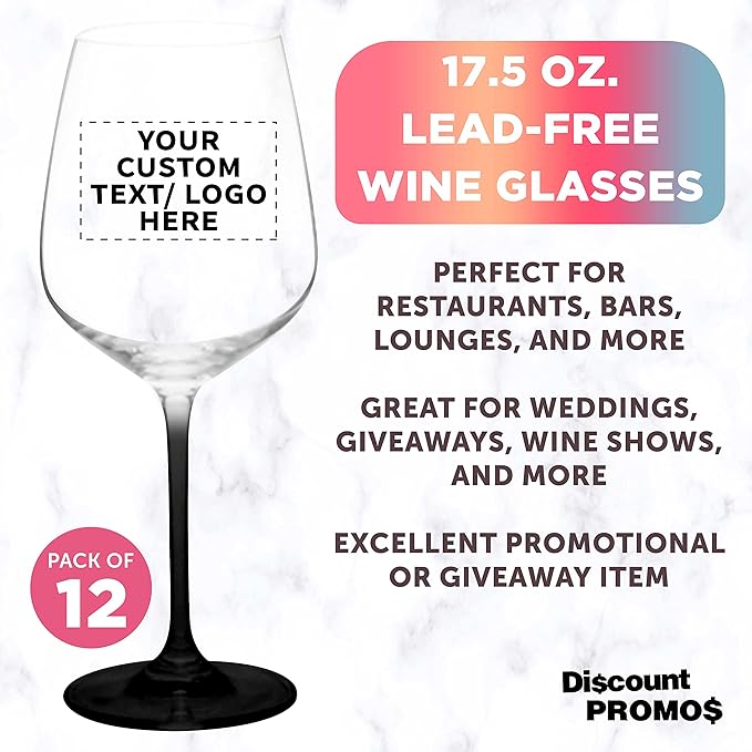 Custom Crystal Wine Glasses 17.5 oz Set of 12, Personalized Bulk Pack - Restaurant Glassware, Perfect for Red Wine or White Wine - Black