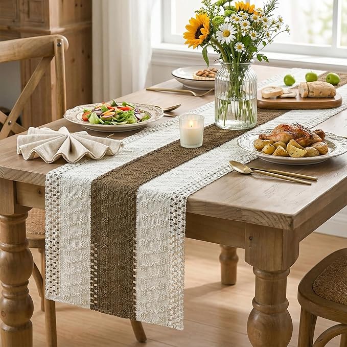 Artoid Mode Light Coffee Farmhouse Rustic Table Runner, Seasonal Holiday Hollow Kitchen Dining Table Decoration for Home Party Decor 12x90 Inch
