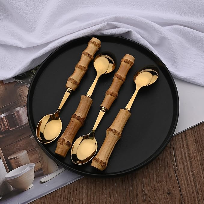 Stainless Steel Flatware Set, Bamboo Handle Silverware Set, Reusable Eating Utensils for Home Kitchen and Restaurant, Modern Gold Cutlery Set, 8 Pieces Dessert Spoons