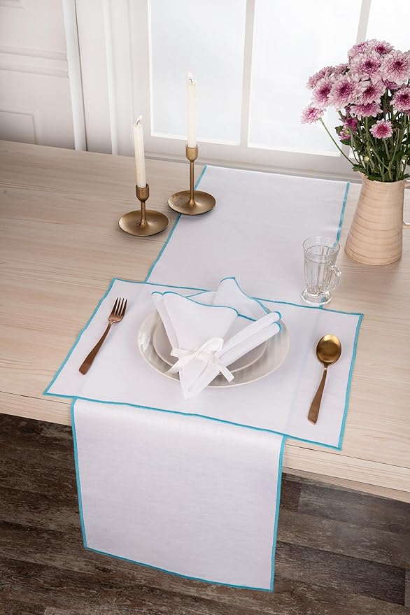 D'Moksha Homes White Linen Placemats with Blue Embroidered Trim, Set of 4-14 x 19 Inch, 100% Pure Linen Cloth Placemats White & Blue for Dining, Christmas, Holiday, New Year - Machine Washable