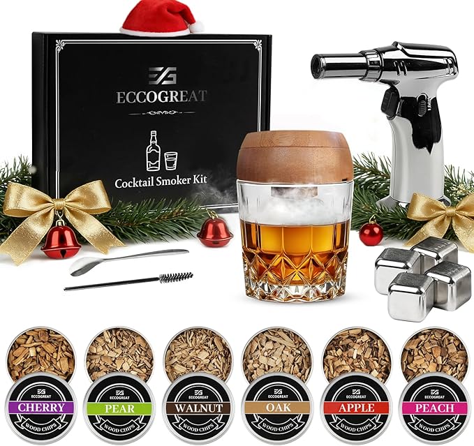 Whiskey Smoker Kit with Torch & 6 Flavors Wood Chips - Premium Bourbon Cocktail Smoker Set,Old Fashioned Drink Smoker Kit, Christmas Gifts for Men, Dad, Husband (Butane Not Included)
