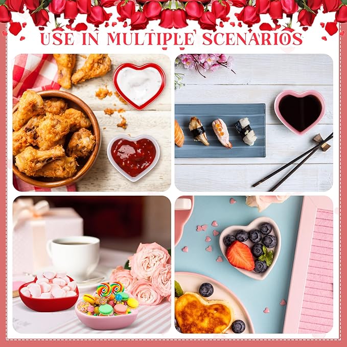 Hushee 12 Pcs Valentine's Day Heart Shaped Bowl Ceramic Candy Dish Multipurpose Salad Appetizer Dipping Sauce Heart Plates for Anniversary Wedding Party(Love,Red, White, Pink)