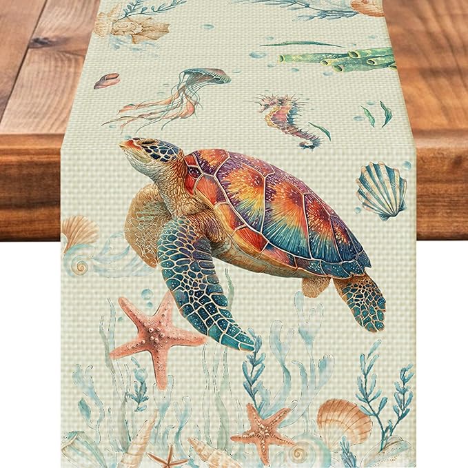 Sea Turtle Starfish Table Runner Seasonal Holiday Kitchen Dining Linen Table Decoration for Indoor Outdoor Home Party Decor 13 x 72 Inch