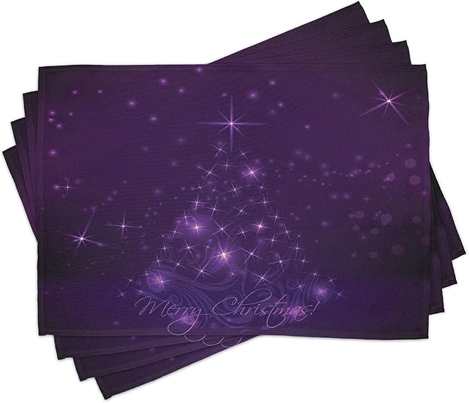 Ambesonne Dark Purple Place Mats Set of 4, Merry Christmas Calligraphy Under a Xmas Tree Illustration Vibrant and Romantic, Washable Fabric Placemats for Dining Table, Standard Size, Fuchsia