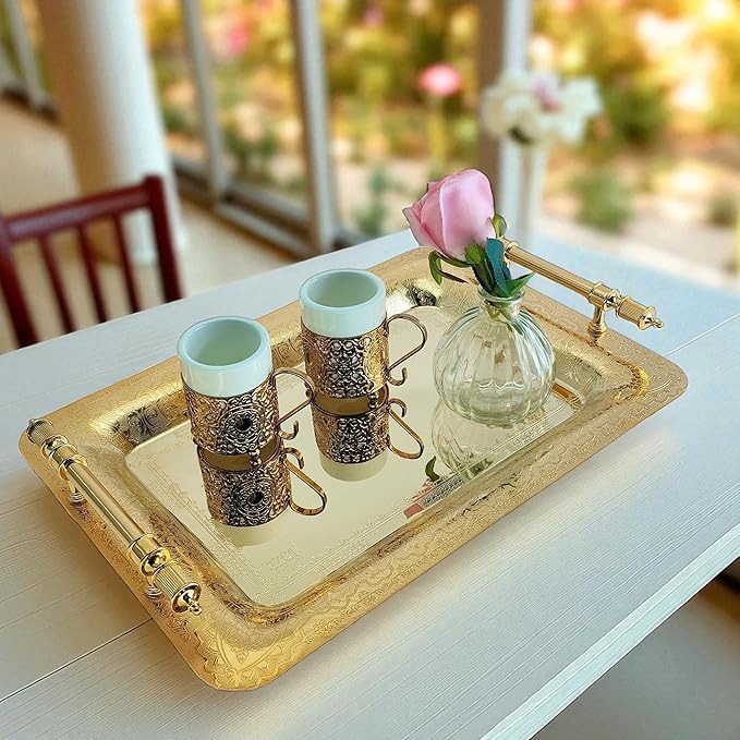 (Pack of 2) 15.7 inch x 11 inch Oblong Iron Gold Plated Mirror Serving Tray with Handles Floral Engraved Decorative Party Birthday Dessert Wine Decor Platter Plate Base Dish NC-014
