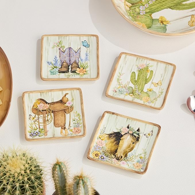 Rosewood 6-Inch Canape Plates, Set of 4, Western-Inspired Designs with Floral Cowboy Boots, Saddle, Cactus & Horse, Rustic Wood-Grain Background, Durable Ceramic for Appetizers & Desserts