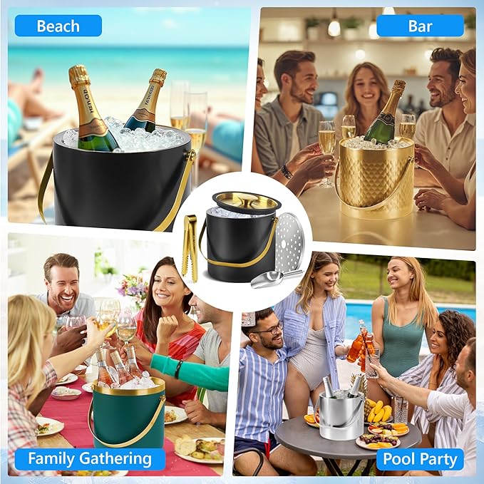 Ice Bucket, Ice Bucket with Silicone Sealing Ring Double-Wall Vacuum Insulation Champagne Buckets with Filter Layer Ice Tongs Ice Scoop (Green, 4 L)