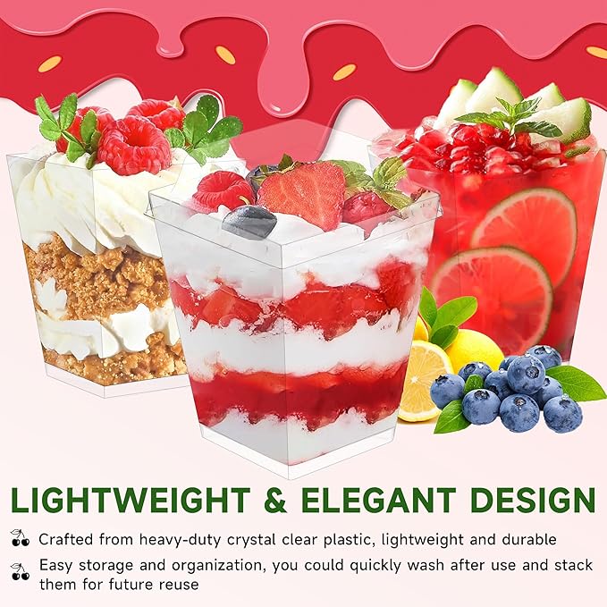 OTOB 300 Pack 5.4 oz Dessert Cups with Lids and Spoons | Serves 100 | Small Square Plastic Cake Pudding Cups, Mini Party Serving Cups for Parfait, Yogurt, Appetizers, Mousse, Dessert Shot Glasses Bowl