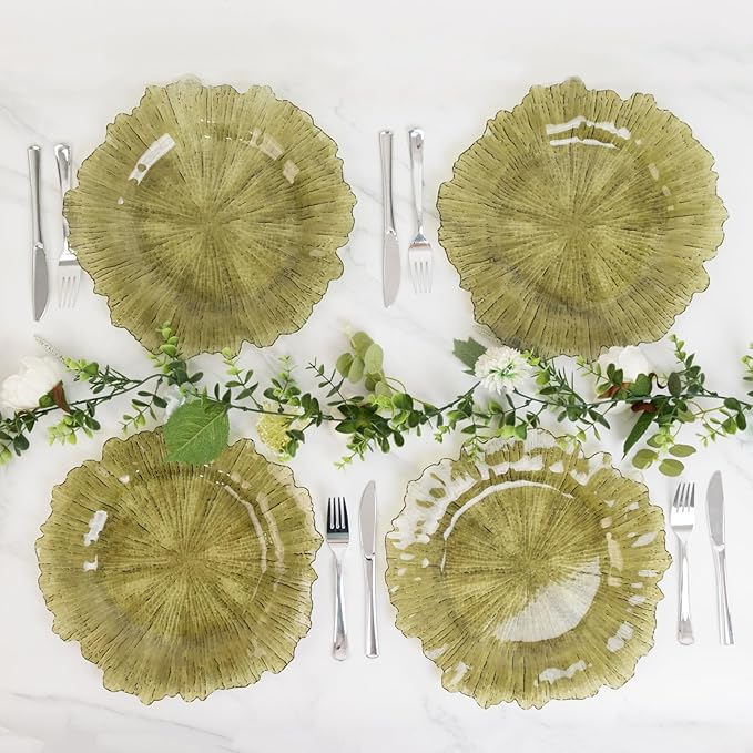 13" Charger Plates - Set of 24 - Acrylic Transparent Dusty Sage Green Round Reef Disposable Chargers, Ideal for Dinner Party Wedding Holiday Bulk Events