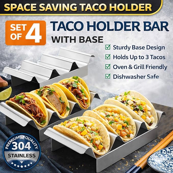 4 Pcs 304 Stainless Taco Holder Bar with Base Taco Stands for 3 Tacos Metal Trays Easy to Clean, Dishwasher Safe, Hot Dog Prep Tray