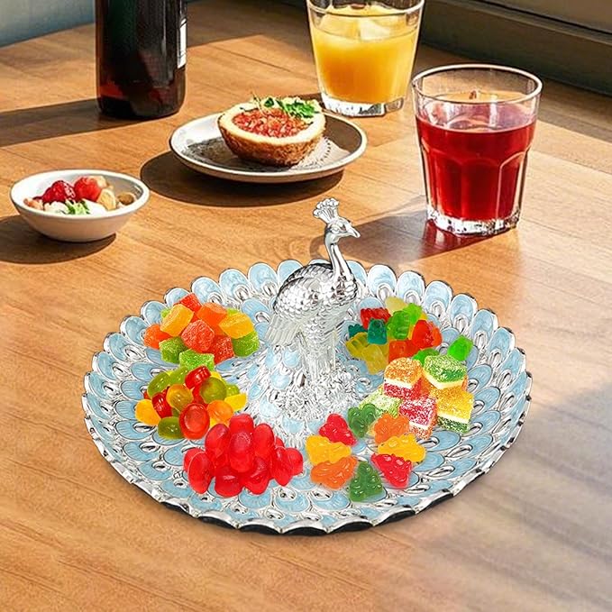 Fruit Plate Serving Tray Household Peacock Decorative Cosmetic Tray for Makeup Desk Dressing Table Dessert Candy Coffee Table, Silver Blue