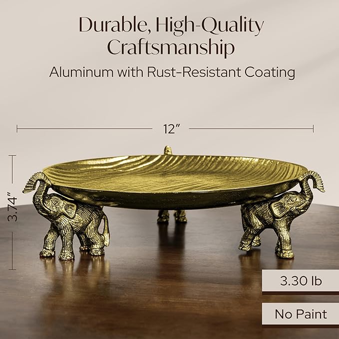 Round Decorative Tray with Elephant Stands, Antique Gold – Tray for Coffee Table, Home Decor, Centerpiece, Serving Platter & More – Circular Tray with Symbolic Elephants