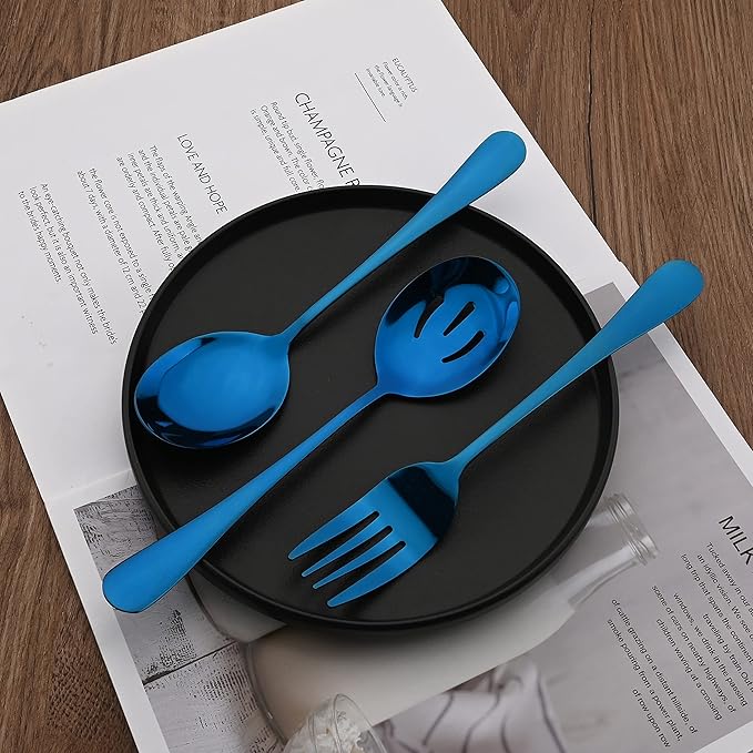 7 Pcs Purple Serving Utensils, Stainless Steel Flatware Serving Set, Include Cake Server/Slotted Spoon/Serving Spoon and Fork/Soup Ladle, Serveware Set for Buffet and Party