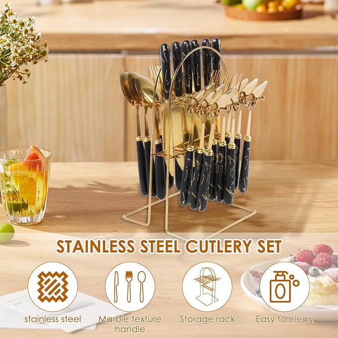 24 Pcs Silverware Set with Hanging Holder, Stainless Steel Flatware Set, Kitchen Utensil Tableware Set with Stainless Steel Knives and Forks and Spoons, Mirror Polished, Dishwasher Safe (Black)