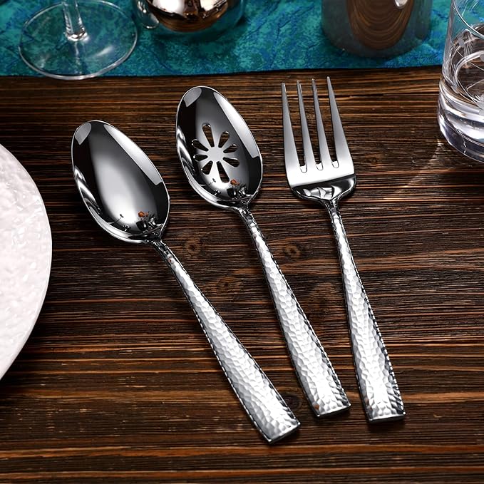 KEAWELL Premium Louis Hammered Serving Utensils, 18/10 Stainless Steel, Squared Edge Design, Mirror Finish, Dishwasher Safe (Serving Spoons, Set of 4)