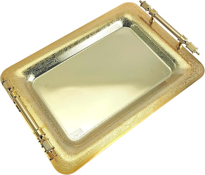 (Pack of 2) 15.7 inch x 11 inch Oblong Iron Gold Plated Mirror Serving Tray with Handles Floral Engraved Decorative Party Birthday Dessert Wine Decor Platter Plate Base Dish NC-014