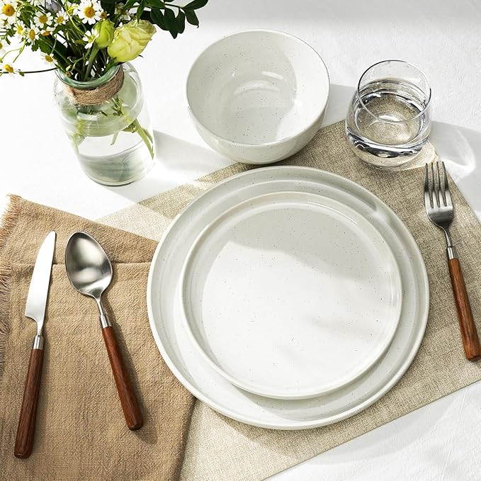 Kitchen Plates and Bowls Set Dinner Set for 4 Handpainted Dinner ware Sets, Microwave Safe Plates and Bowls Sets Stone Plate White Stoneware Scratch Resistant (Arctic Frost)