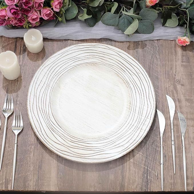 Efavormart 6 Pack | 13" White Washed Rose Embossed Faux Wood Plastic Charger Trays, Round Disposable Serving Plates