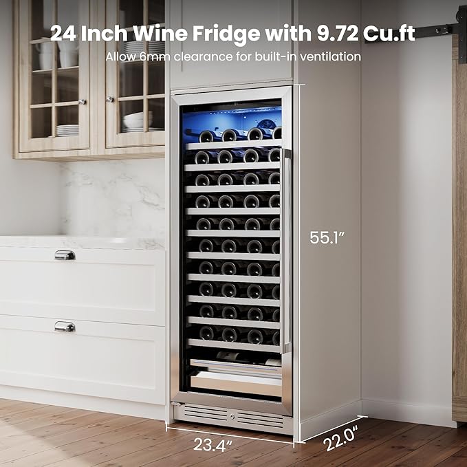 Yeego Wine Fridge – 24 Inch Wine Cooler Refrigerator 40°F-65°F, 304 Stainless Steel Glass Door Lock, Temperature Memory Blue & White LED Built-in Fridge Left-hand Opening with Drawer (89 Bottle)