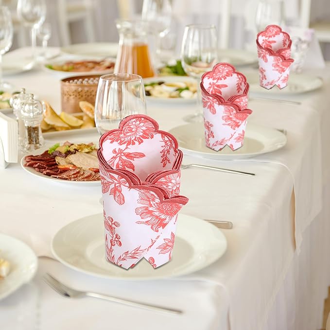 Ridhi Hand Block Print Peach Coral 18" x 18" (Set of 4) Embriodery Table Napkins Reusable Cotton Dinner Napkins for Weddings, Parties, Everyday Dining Gift for Spring, Easter, Valentine
