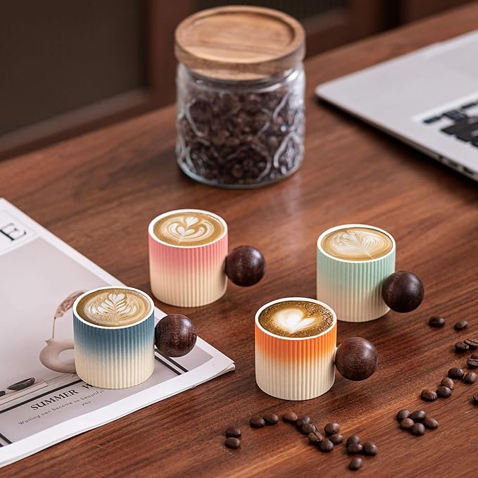 CLASGLAZ Ceramic Mini Espresso Cups Demitasse Cups with Round Wooden Handle Vertical Stripes Tea Cups (Beige&Blue, 2pcs)