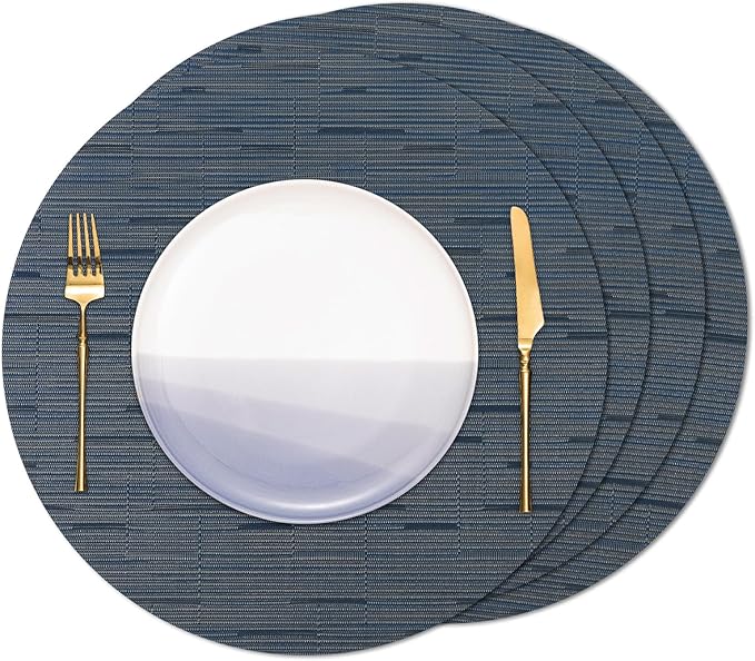 Round Placemats Set of 4 Heat Resistant Vinyl Placemats 15 inch Washable Non-Slip Table Mats Woven Place Mats for Dining Table (Black + Dark Blue, Set of 4)