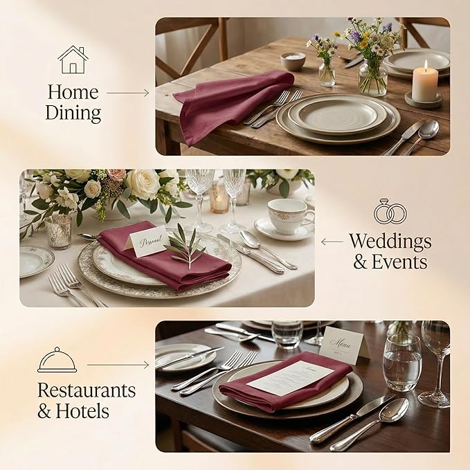ACCENTHOME Accent Home 100% Cotton Napkins, Delicate Cloth Napkins for Dinners, Parties and Weddings，18 x 18 Inch Set of 6 - Burgundy