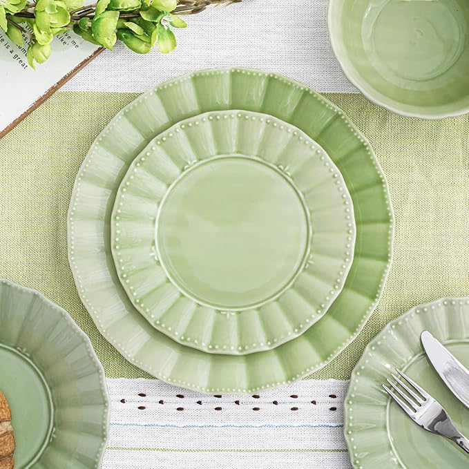 HOMBENE Dinnerware set, 16 Piece plates and bowls sets for 4, Ceramic Mordern dish set for party, Porcelain dish set, House gift, Microwavable safe, Mint Glow Green