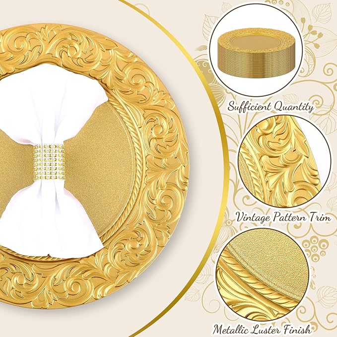Uiifan 50 Pcs Antique Charger Plates Bulk 13 Inch Embossed Rim Plastic Decorative Round Plates for Dinner Wedding Party Event Table Setting Decoration (Gold,50 Pcs)
