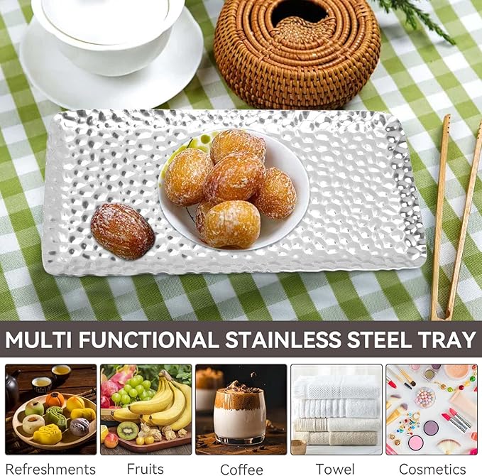 2pcs Bathroom Vanity Tray, Stainless Steel Silver Serving Tray Decorative Hammered Tray Soap Candles Perfume Tray Guest Towel Holder for Home Decor Bathroom Counter Restaurant, 3.7x7.7in