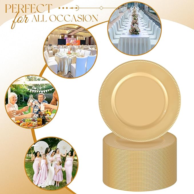 fani 50 Pcs Gold Charger Plates Bulk, 13'' Round Beaded Dinner Charger Plates, Plastic Reusable Vintage Table Decoration for Wedding, Party, Reception, Event, Holiday Supplies