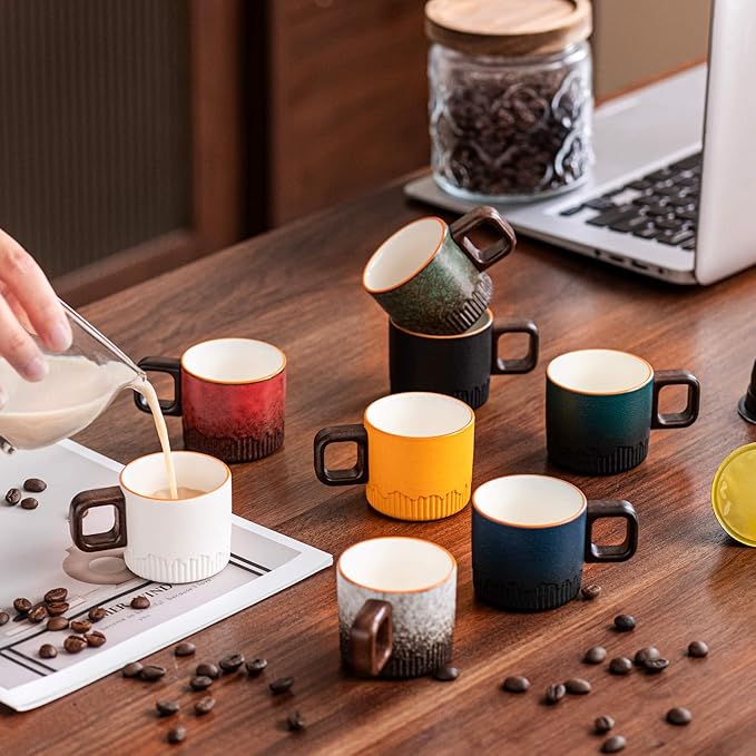 Zurucily Espresso Cups Set of 2, 2 oz Ceramic Espresso Cups, Demitasse Cups for Tea or Coffee (Black)