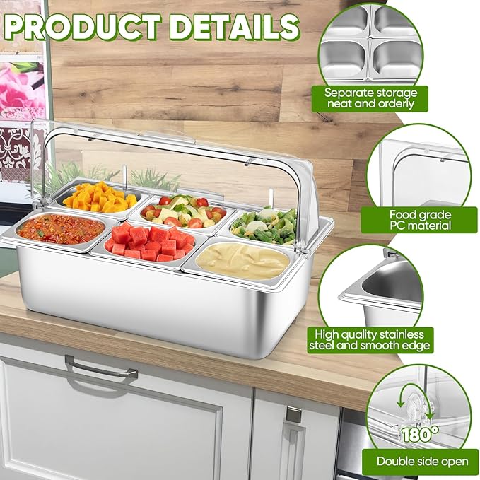Countertop Food Serving Display Container with Clear Roll Top Cover, Stainless Steel Salad Serving Tray Condiment Dispenser Ice Food Serving Display Tray for Buffet Restaurant Kitchen Party(6 Pan)
