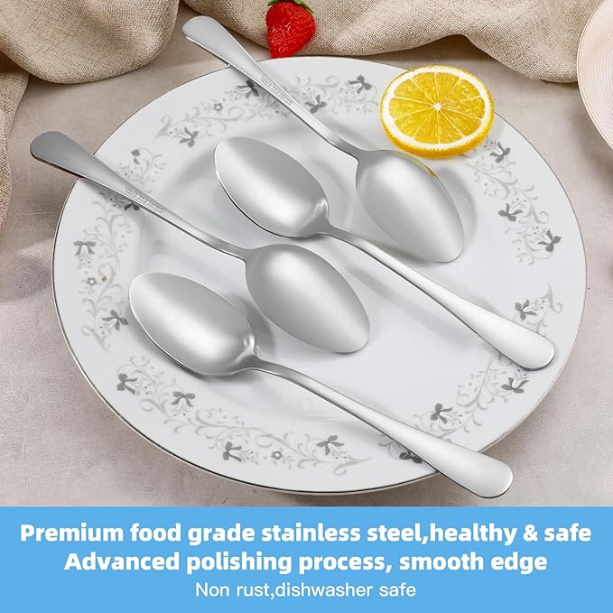 12 Pcs Large Tablespoons Set, Food-Grade Stainless Steel Soup Spoons, Metal Cutlery Spoon, Dinner Spoon, Spoons Silverware for Home, Kitchen or Restaurant, Mirror Polished, Dishwasher Safe 8 Inch