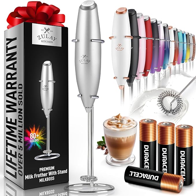 Zulay Kitchen Powerful Milk Frother Wand With 4 AA Duracell Batteries - Ultra Fast Handheld Drink Mixer - Electric Whisk Foam Maker for Coffee, Lattes, Cappuccino, Matcha & Creamer