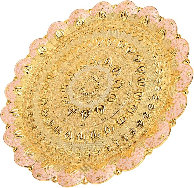 Gold Silver Tray,Gold Turkish Round Coffee Tea Serving Tray Vintage Embossed Pattern Round Coffee Plate for Bar Outdoor Dresser Dessert (Gold)