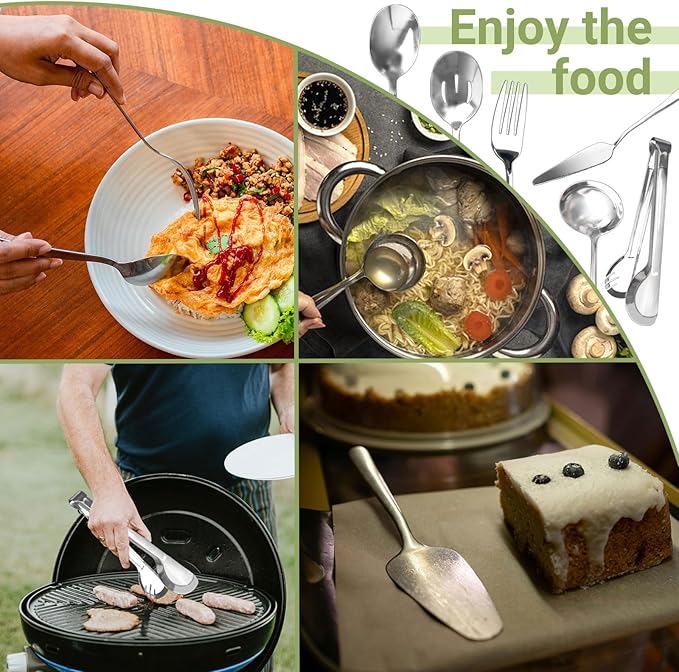 36 Pcs Stainless Steel Serving Utensils Set - Silver Serving Flatware Set Include Large Spoons, Slotted Spoons, Forks, Soup Ladle, Pie Server and Tongs for Kitchen, Buffet, Party Supplies