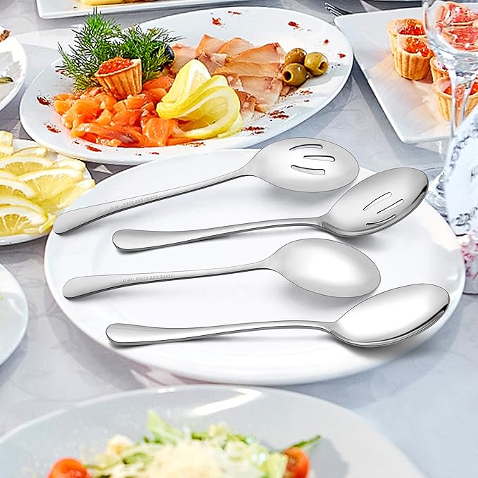 LIANYU 9-Piece Large Serving Utensils Set, 9.8 Inch Stainless Steel Buffet Banquet Catering Serving Spoons Forks and Tongs Set, Dishwasher Safe
