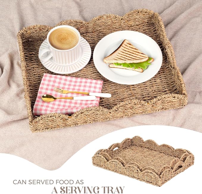 2Pcs - Scalloped Basket, Decorative Basket, Seagrass Tray (17 x 13 x 3 inch - 2Pcs) with Scalloped Edge and Built-in Handles, Rectangle Serving/Rattan/Wicker/Woven/Basket Tray
